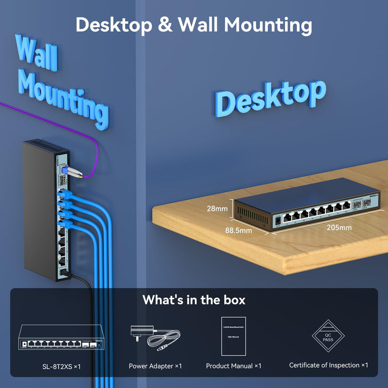 SODOLA 10 Port 2.5Gb Switch Unmanaged,2X 10G SFP+,8X 2.5G Base-T Ports | Fanless Multi-Gigabit Network Switch Ethernet Splitter for Wireless AP, NAS, PC, Plug & Play SL-8T2XS