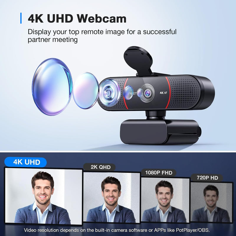 EMEET C960 4K Webcam for PC, PDAF Auto Focus, Dual Omni Mics, 73° FOV | Auto Light Correction, USB-A, Plug&Play, Web cam 4K with Privacy Cover, Webcam 4K Works for Zoom/Teams/Google Meet, Laptop/PC