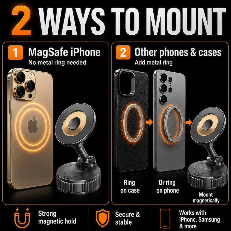 Car Phone Holder for MagSafe, 125 LBS Vacuum Suction, 360° Adjustable Mount | Phone Holders for Your Car; Phone Suction Mount for iPhone 17–12, Pro, Pro Max, Plus and Air; One-Hand Use; Not for Dashboard Matte Black