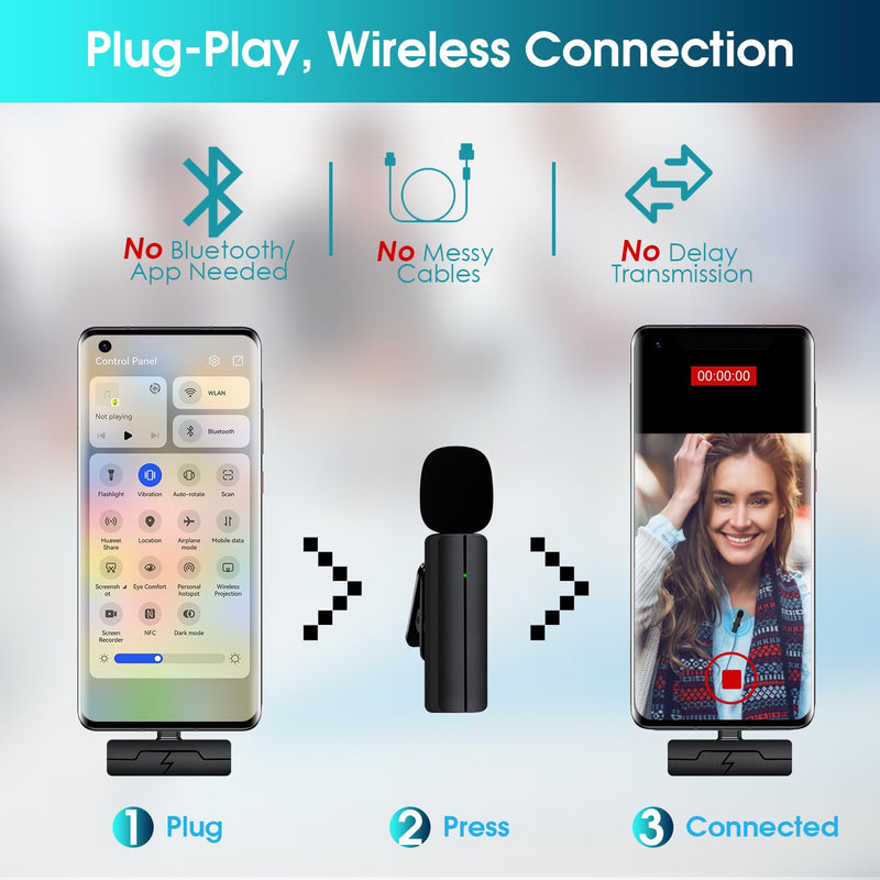 Wireless Lavalier Lapel Microphone for iPhone 15/Android/Computer - Bluetooth Mini Phone Mic for Video Recording, Clip-on USB C Microphones for YouTube Tiktok Podcast Vlog & Livestream USB C for iPhone 15