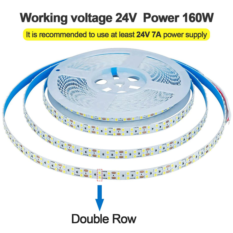 24V 32.8ft/10M Double Row LED Strip Light Cool White 6000K 2400LEDs 2835SMD 160W High Brightness 11000LM No-Waterproof IP20 Flexible Ribbon for Kitchen Hallways Decoration(No Power Supply)