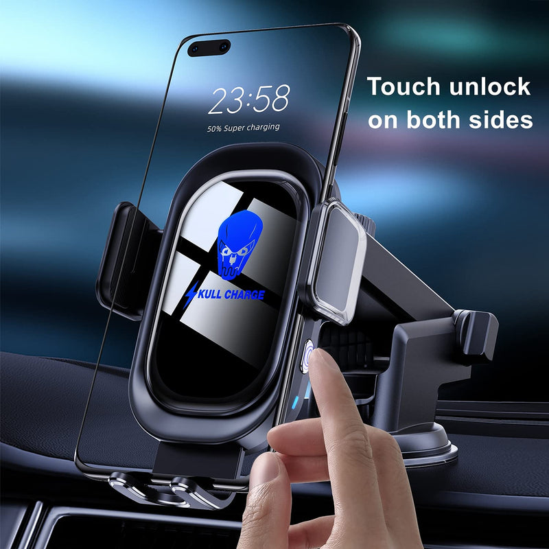 Wireless Car Charger, Qi 15W Fast Charging, Car Phone Holder Mount, Vent Dashboard Car Mount, Long Arm Hands Free Cell Phone Holder [Skull Atmosphere Light] (Green_Light) Green_Light