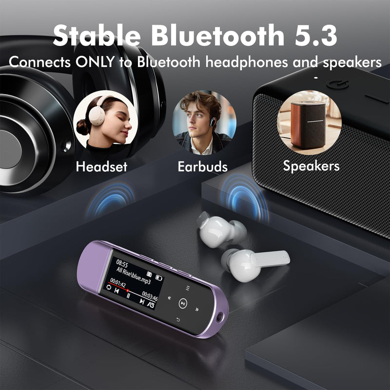[AUSTRALIA] - RUIZU 64GB USB MP3 Player with Bluetooth 5.3, Clip Jam Portable Music Player for Sports Running, USB MP3 Player Stick with FM Radio, Voice Recorder, Digital Audio Shuffle Repeat, Phone File Transfer Purple 