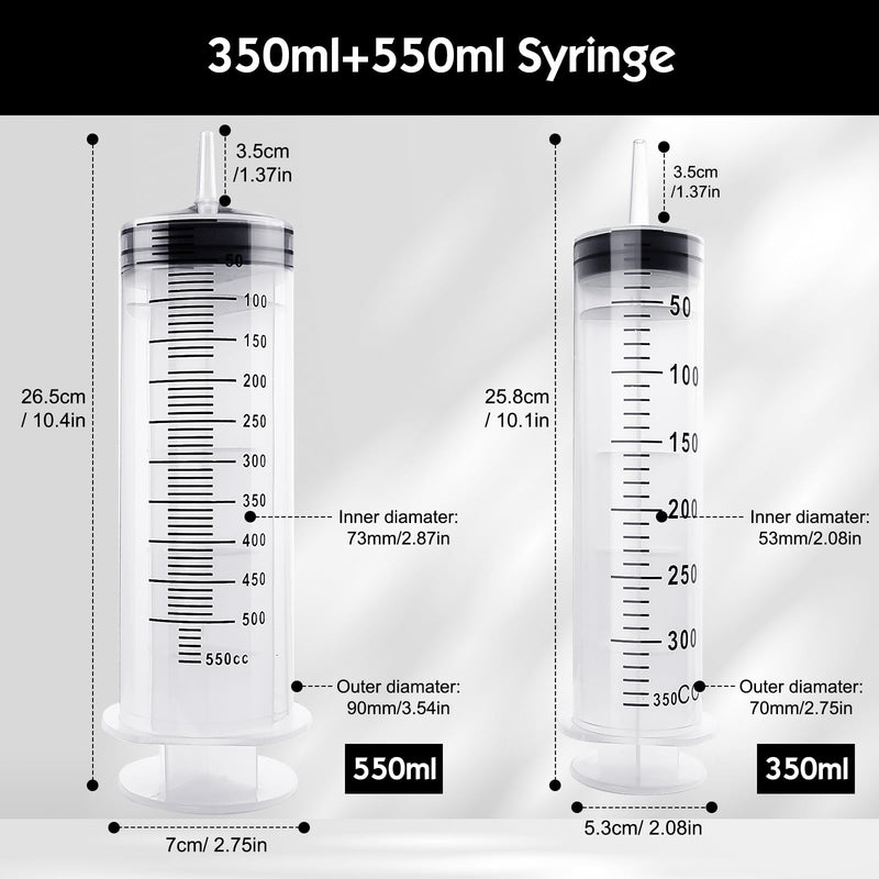 Samulee Syringe 350 ml + 550 ml, 2 Pieces Syringe Set, Dosing Syringe, Large Syringe for Engine Oil, Laboratory, Animal Feeding, Garden, Scientific Research