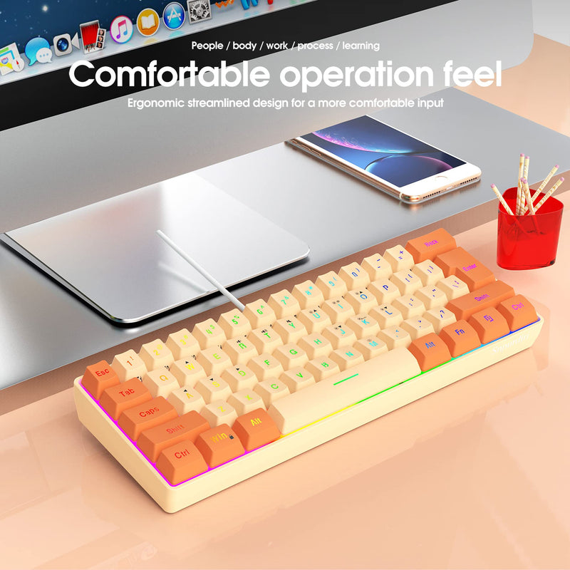 Snpurdiri 60% Wired Gaming Keyboard, RGB Backlit Ultra-Compact Mini Keyboard, Waterproof Mini Compact 61 Keys Keyboard for PC/Mac Gamer, Typist, Travel (Orange and Cream) Orange and Cream