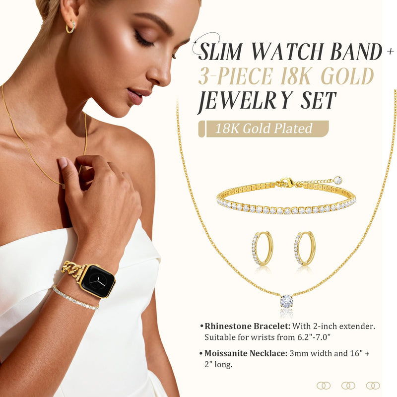 MOINSPIRE Designer Leather Bands with Charms Slim Band and 3Pcs 18k Golden Jewelry Set Bundle Compatible with Apple Watch 38mm 40mm 41mm 42mm 44mm 46mm 45mm 49mm for iWatch Series 11/10/9/8/7/6/5/4/3/