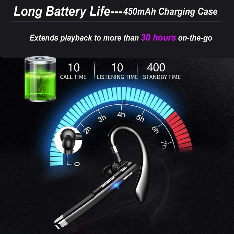 Wireless Headset Business Earpiece 30Hrs Playtime with 450mAh Charging Case Built-in Mic Noise Cancelling Headphone Handsfree Sports Earphone for Android iOS Driving Trucker Driver Business Office Black