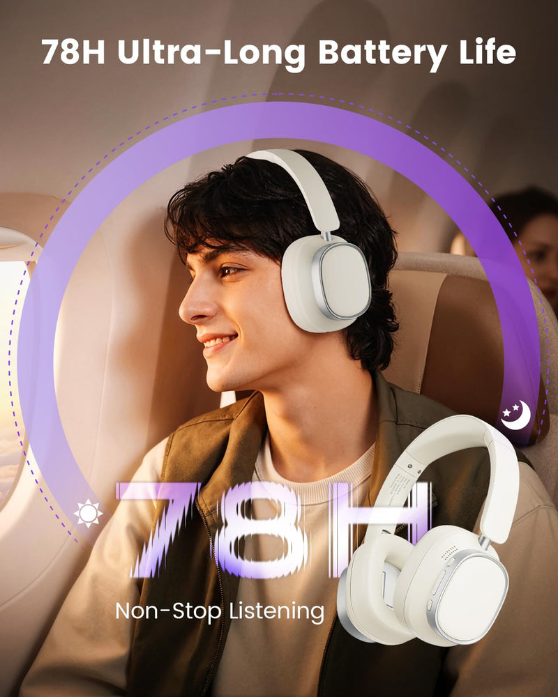 Active Noise Cancelling Headphones,78H Wireless Bluetooth Headphones | Over-Ear Headset,Bluetooth 6.0,Hi-Res,Low Latency,Foldable,Built-in Microphone,Ideal for Travel,Home,Office,Cellphone,PC Wheat White