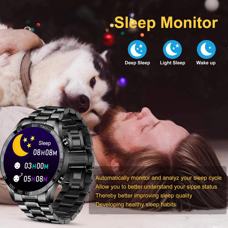 Men Smart Watch for Android iOS, Bluetooth Calls Voice Chat with Heart Rate/Sleep Monitor Fitness Tracker, 1.3" Full Touch Screen IP67 Waterproof Stainless Steel Activity Tracker for Men A-Black