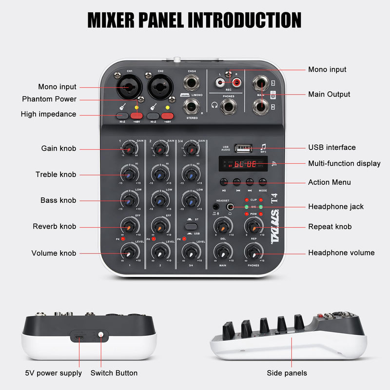 [AUSTRALIA] - Professional Audio Mixer, TKLBLS 4-Channel Unpowered Mixing Console with USB/Bluetooth Playback, 48V Phantom Power, REC Output, MP3 Player, Digital Delay Effects, for Streaming, Studio, Karaoke T4 