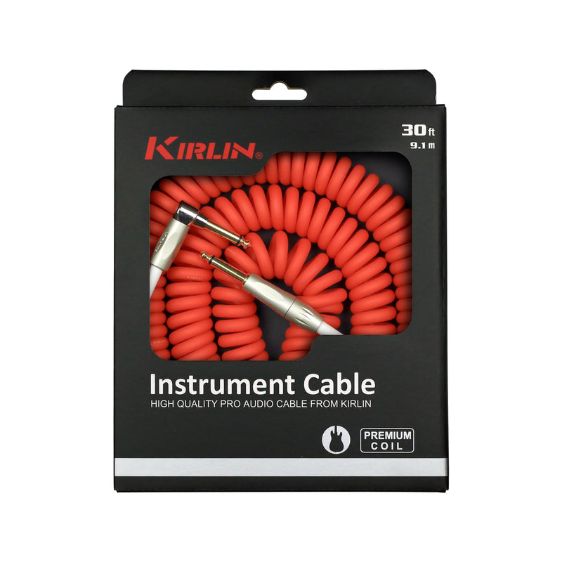 KIRLIN Cable Kirlin IMK-202PFGL-30/RDF-Straight Premium Coil Instrument Cable, Red Translucent PVC Jacket-30ft, 1/4" Mono Plug, Straight to Right Angle, (IMK-202PFGL-30/RDF)