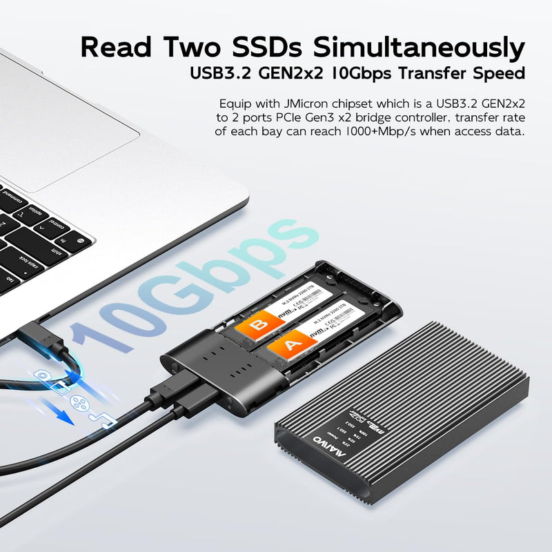 MAIWO Dual Bay M.2 NVMe SSD Enclosure with Offline Clone, 20Gbps USB3.2 GEN2x2, Support M.2 PCIe NVME M Key SSD Reader Duplicator, Tool Free, All Metal Case, 16TB Capacity