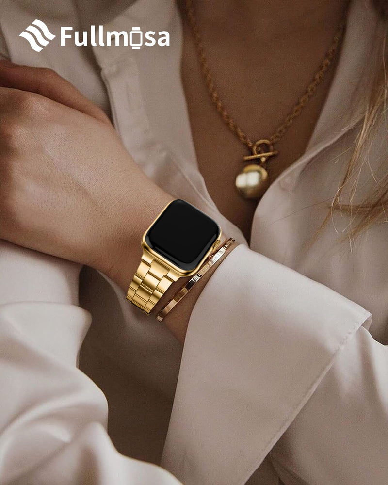 Fullmosa No-Tool Needed Band Compatible Apple Watch Band with Case 41mm 40mm 38mm Golden & Stainless Steel iWatch Band with Case 38mm 40mm 41mm Silver