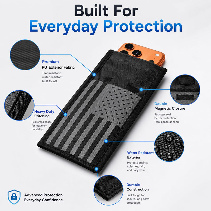 ALBARQ Premium Faraday Bags for Phones Waterproof Signal EMF Blocking Faraday Pouch RFID Blocking Phone Sleeve Cell Phone Privacy Bag with Double Fold Magnetic Closure Black Gray American Flag Design
