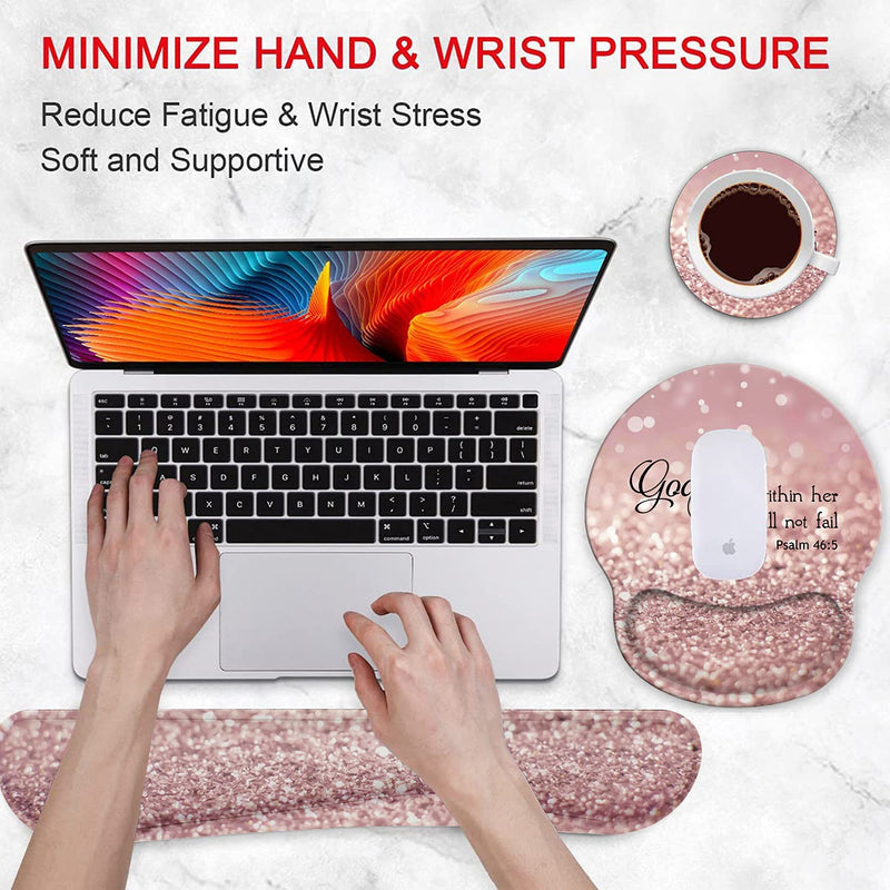 Ergonomic Mouse Pad Wrist Support Gel and Keyboard Wrist Rest Set for Laptop, Mac, Gaming and Office, Durable, Comfortable and Pain Relief + Coaster , Psalm 46:5 God is Within Her,She Will Not Fall
