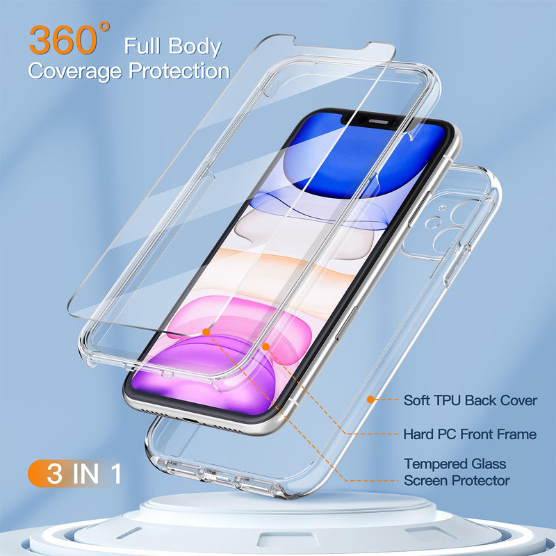 COOLQO Compatible with iPhone 11 Case, and [2 x Tempered Glass Screen Protector] for Clear 360 Full Body Coverage Hard PC+Soft Silicone TPU 3in1 Shockproof Protective Phone Cover 111_Clear 6.1 Inch