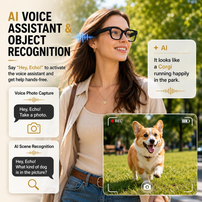 Smart Glasses with Camera for Travel, Recording, Translation, Music Player | 8MP camera, voice control, real-time translation, object recognition, photochromic lenses and open-ear audio