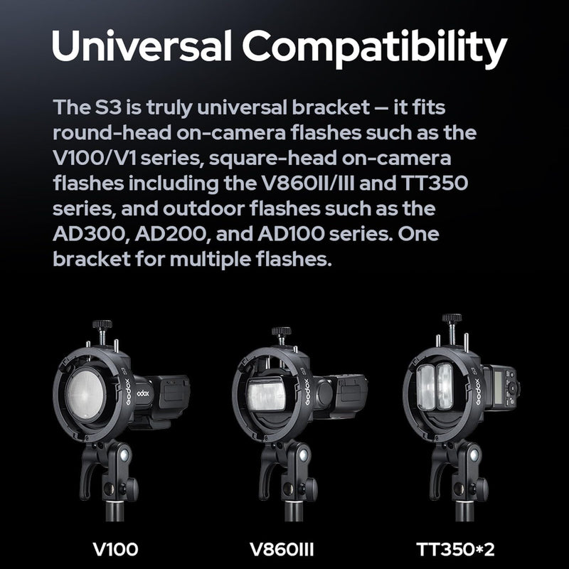 [AUSTRALIA] - Godox S3 Speedlite Bracket (𝐒𝟐 𝐔𝐩𝐠𝐫𝐚𝐝𝐞𝐝 ) for Godox V1 AD200Pro AD200ProII AD300Pro AD400Pro AD100Pro V860III /TT685III /TT600 /TT350, Flash Bracket for Softbox Snoot , Bowens Mount Holder 