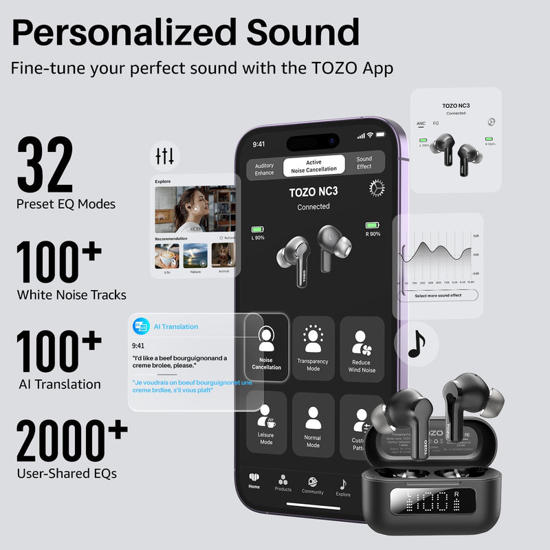 TOZO Hybrid Active Noise Cancelling in Ear Wireless Earbuds, 68H Playtime | 6 Mics AI Clear Calls, LED Display, 32 Preset EQs App, Bluetooth 5.3 Headphones, IPX8 Waterproof, Comfort Fit Ear Buds Black