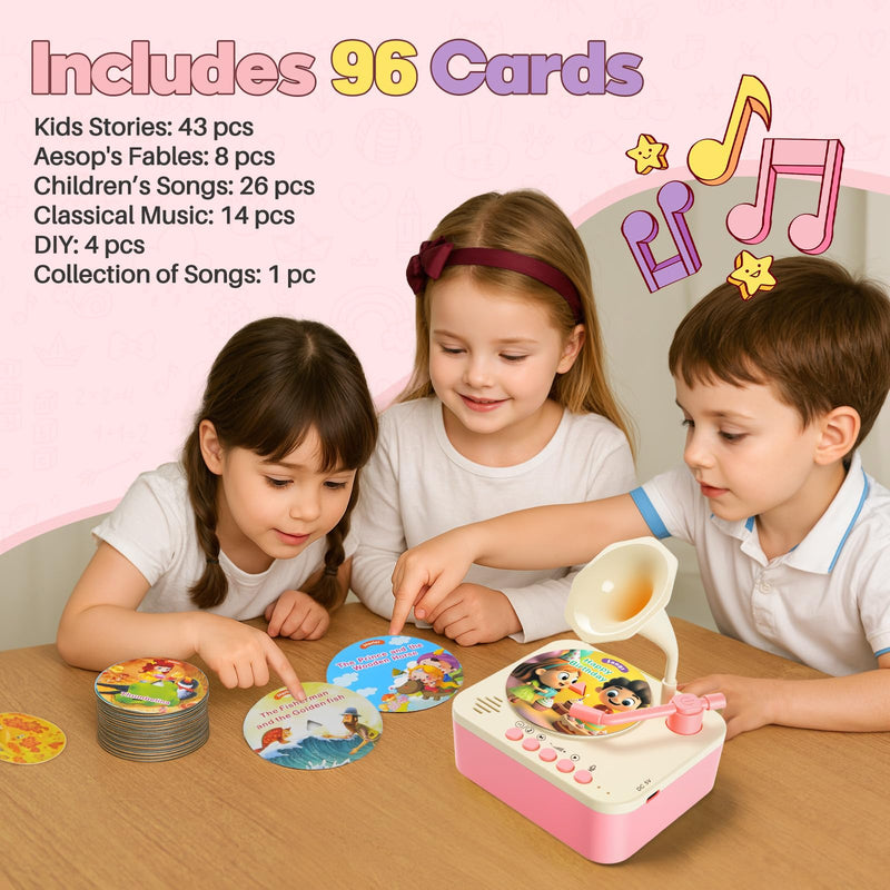 [AUSTRALIA] - Kids Phonograph Toddler Record Player， with 96 Learning Cards, Early Education Machine Record Player Music Box Storyteller pop Speakers, Gift for Boys and Girls Pink 