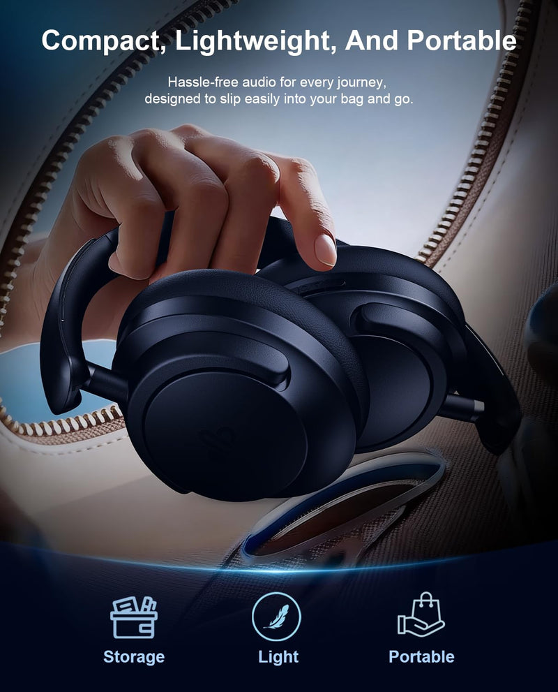 Hybrid Active Noise Cancelling Headphones, Over-Ear Bluetooth Headphone with Hi-Res Audio, 60H Playtime, Deep Bass, Transparency Mode, Foldable Comfort Cups, Graduation Gifts for Travel Office - Navy