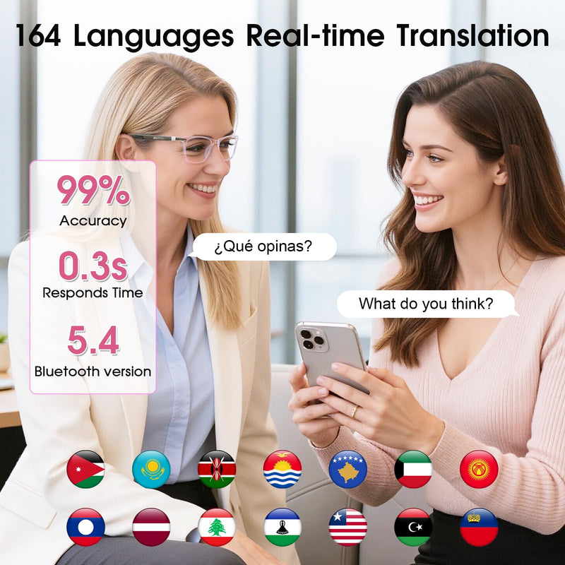 AI Smart Glasses for Women with Stylish Rose-Gold Thin Temples | Real-Time Translation - 164 Languages, Color-Changing Lenses, Lightweight, Free App, Bluetooth Glasses for Travel Working Pink-AI
