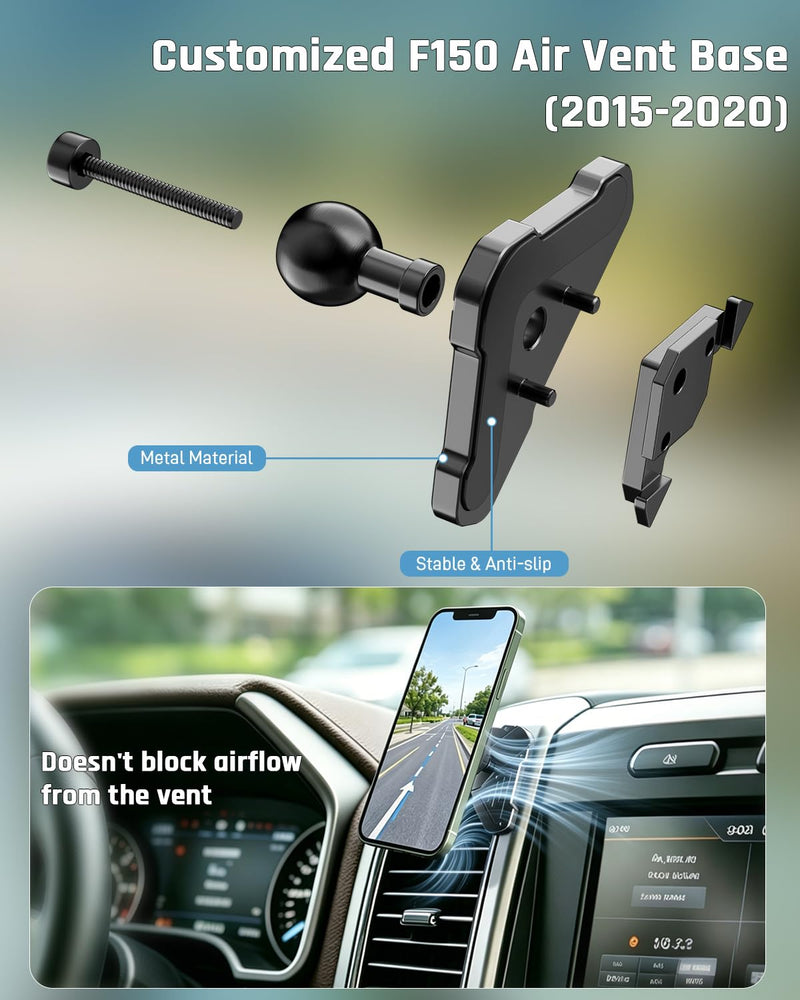 Car Vent Phone Holder for Ford F150 2015-2020 & Super Duty 2017-2021 | Expedition 2018-2021, CNC-Machined Aluminum Air Vent Mount with Magnetic and Spring Clamp Heads, 45° Adjustable Truck Bracket
