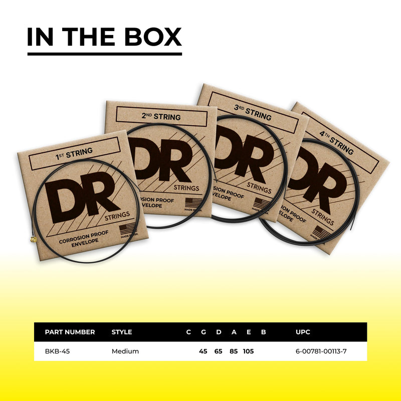 DR Strings Black Beauties BKB-45 Coated Black Bass Guitar Strings – Medium Gauge, Medium Scale 4-String(45-105)