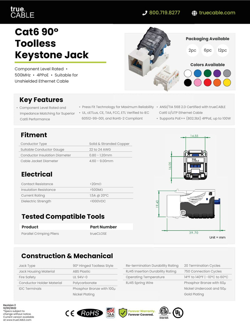TRUE CABLE Cat6 Toolless Keystone Jack, Unshielded (UTP), PoE++ (4PPoE) 100W, UL Listed, ETL Verified, ANSI/TIA Certified, Modular RJ45 Female, Blue, 12 Pack 12pc
