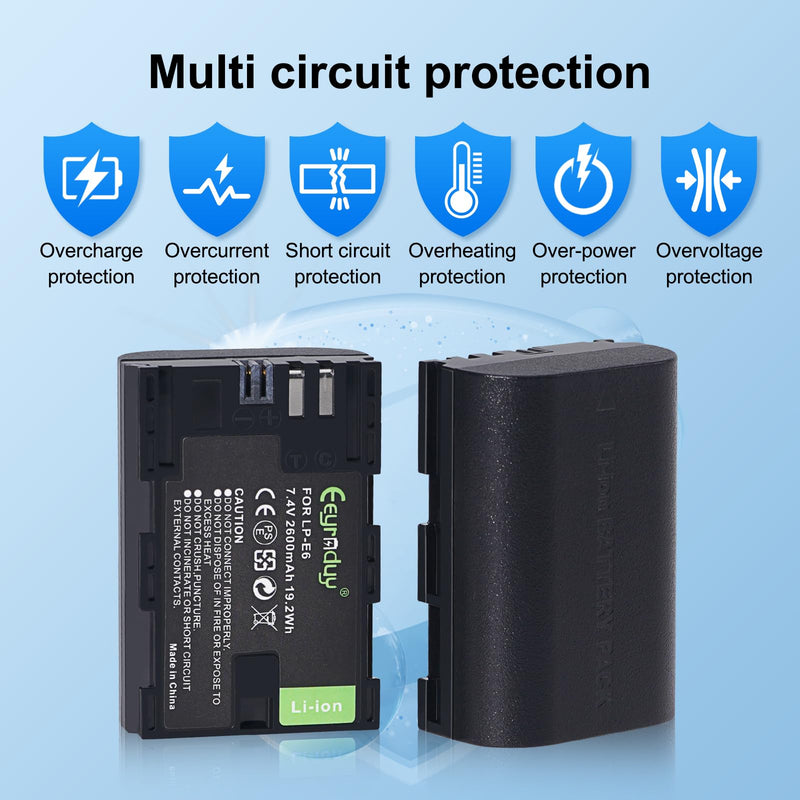 2600mAh 2-Pack of LP-E6 Batteries and Dual Battery Charger Replacement LP-E6 LP-E6N for Canon EOS R R5 R6 R7 60D, 70D, 80D,90D, 5DS R, 5D Mark II III IV, 6D, 7D, C700, XC15 Cameras