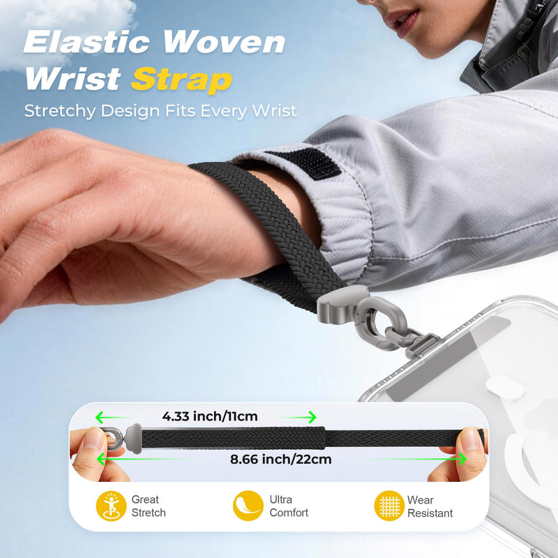 Stretchy Phone Wrist Strap, with 360° Rotatable Metal Tab | Elastic Anti-Theft Phone Lanyard Keychain with Soft Cloud Clasp for All Smartphones Black