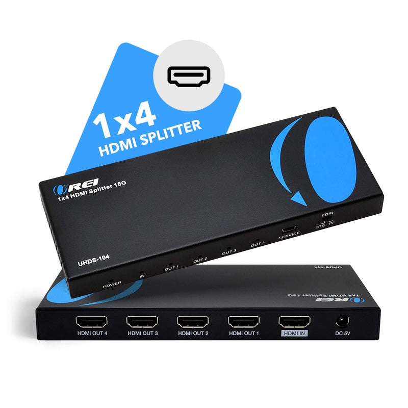 OREI UltraHD 4K @ 60 Hz 1 X 4 HDMI Splitter 1 in 4 Out 4 Port 4: 8-Bit - HDMI 2.0, HDCP 2.0, 18 Gbps, EDID, Duplicate / Mirror 4K Screens - UHDS-104 1x4