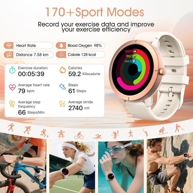 Ultra-high Precision GPS Smart Watches for Men Women, 1.32" Amoled Screen with 24/7 Heart Rate/Health Fitness Watch, 170+ Sports Modes, 5ATM Waterproof, Compatible Android iOS (Rose Gold) Rose Gold