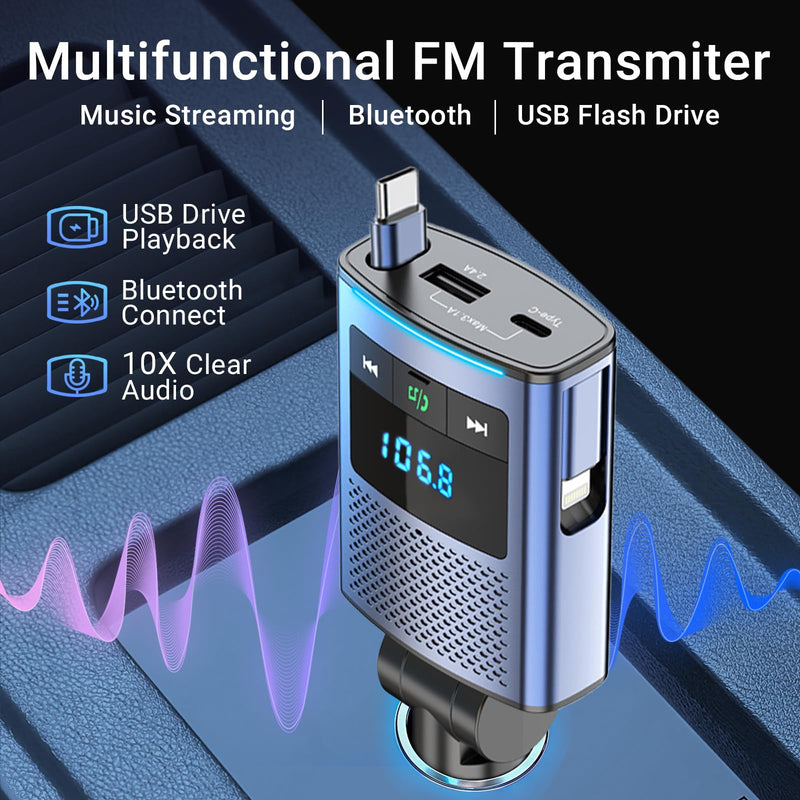 [AUSTRALIA] - Deepfeel Bluetooth 5.3 FM Transmitter, Fast Charging [PD45W & QC3.0] FM Radio Transmitter Mics, Light Switch, HiFi Bass Sound, Wireless Music Hands-Free Calling LED Display Support USB/TF Drive 