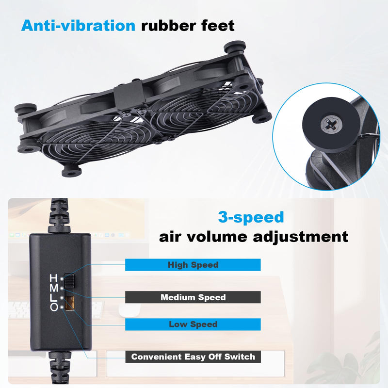 Quiet Dual 120mm Router Fan Cooler with L/M/H 3-Degree Speed Controller, DC 5V USB Powered Cooling Case Fan for Router Modem Receiver DVR PlayStation TV Box