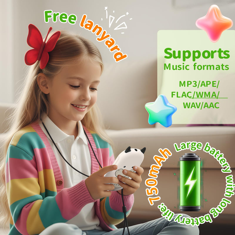 [AUSTRALIA] - 64GB mp3 Player for Kids with Bluetooth 5.3,Child Music Player with Speaker, FM Radio, Voice Recorder, Alarm Clock, Stopwatch, One Click to Play, Expandable up to 128GB,Cute Cow Shape, Free Lanyard Off-white 
