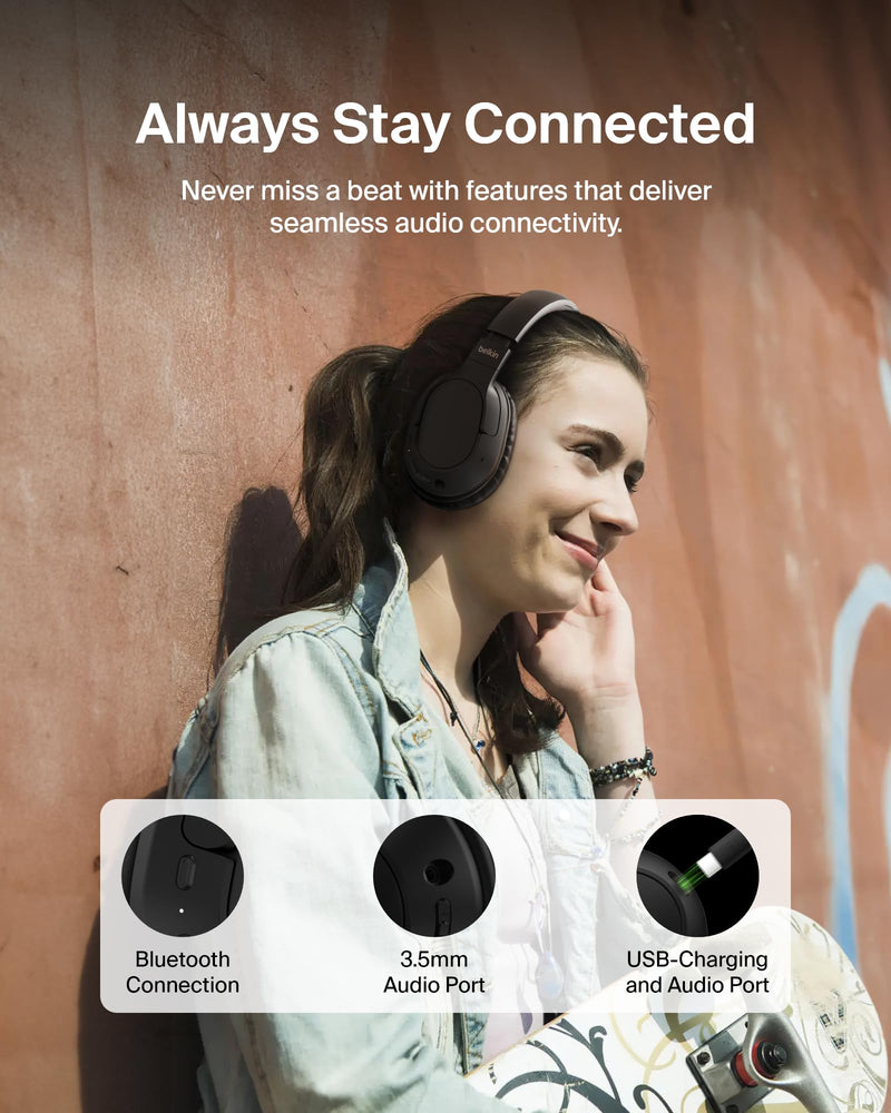 Belkin SoundForm Surround Wireless Over-Ear Headphones | Over-ear Bluetooth headphones, foldable design, recycled materials, multipoint, travel, home, office, commute Black