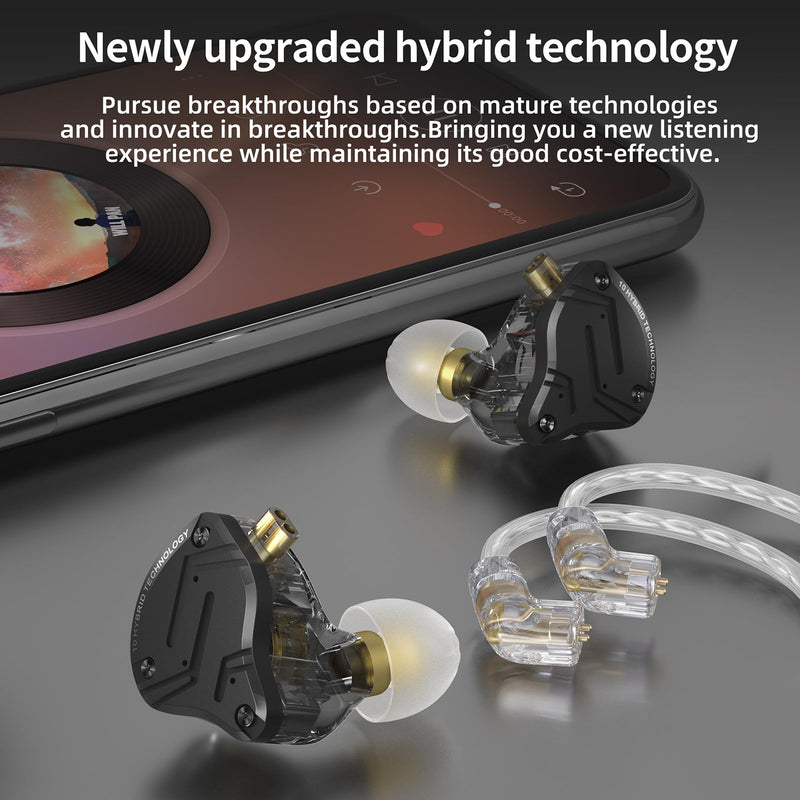 FEDAI KZ ZS10 Pro X in Ear Monitor Earphones, Upgraded 4BA 1DD KZ in Ear Monitor Headphone Multi Driver in Ear IEM Earphone with Alloy Faceplace,Silver-Plated Cable for Audiophile (Black, with Mic) Black