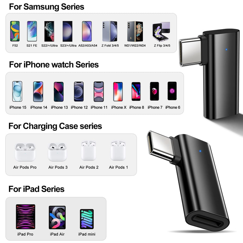[AUSTRALIA] - xiwxi 2Pack 90 Degree Lightning to USB C Charger Converter for iPhone 15/15Pro/15 Pro Max Plus,Samsung S24 S23,iPad Air,27W PD Fast Charging&Data Transfer,Type C Devices,Not Audio/OTG/PS/2 Cables Black 