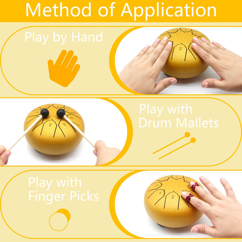 Anvin Steel Tongue Drum 6 Inch 8 Notes Metal Hand Drum with Drum Mallets Music Book Rain Drum Sound Healing Instruments for Meditation Yoga Zen Entertainment Gifts(Gold) Gold