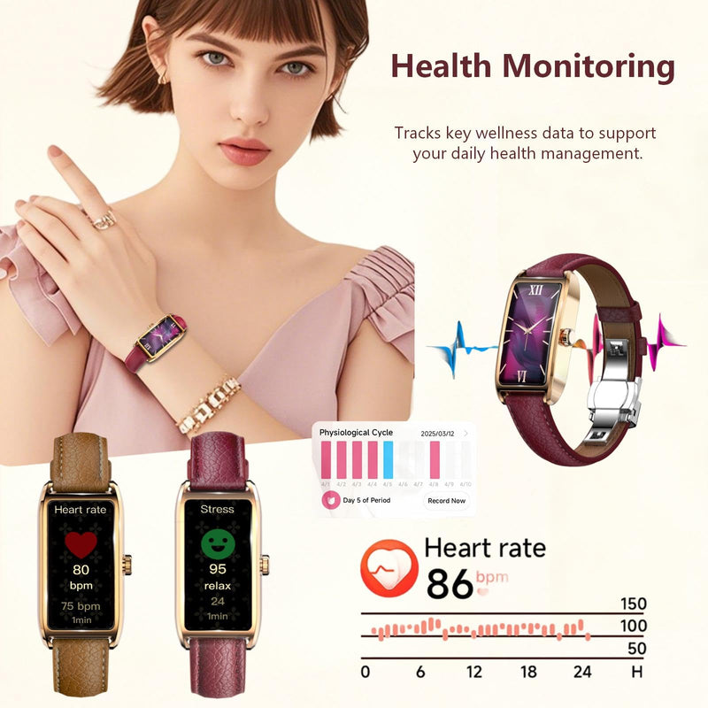 Amoled Laies Smart Watch for Women Smartwatch with Leather Strap Heart Rate Stress Sleep Monitor 12 Sports Modes Fitness Tracker Watch Notifications Music & Camera Control Waterproof iOS Android Blue & Gold