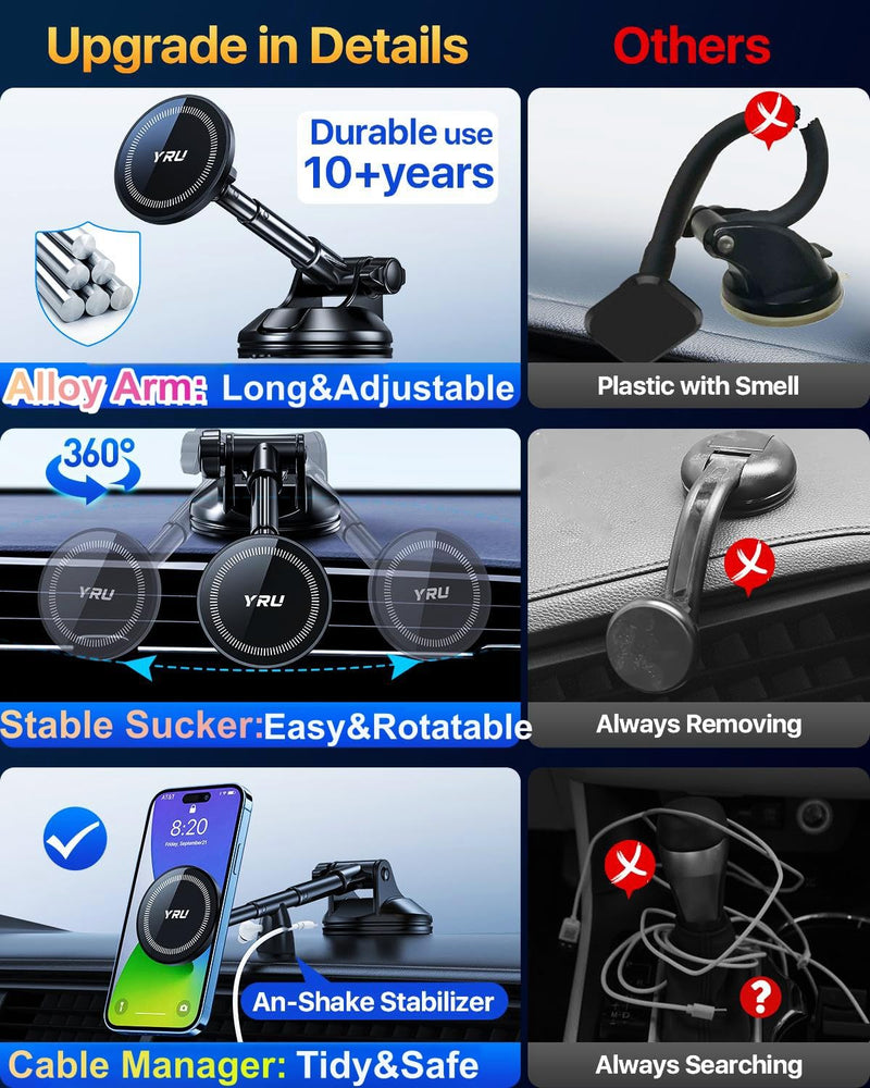YRU Upgrade【80+LB Super Suction】Magnetic Phone Holder Car for MagSafe Mount | 【2800gf Magnet & Alloy Metal Arm】Patented Dash Windshield Vent CellPhone Cradle for iPhone17 16 Pro Max Samsung Truck, Black