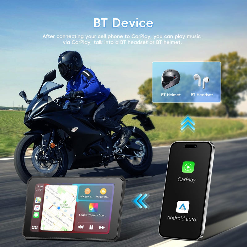 SIXTOP 5 Inch Motorcycle CarPlay GPS Navigation System with Wireless Apple CarPlay Android Auto Waterproof Touch Screen Portable Car Play Moto, Support Bluetooth, Siri/Google Assistant Voice Control
