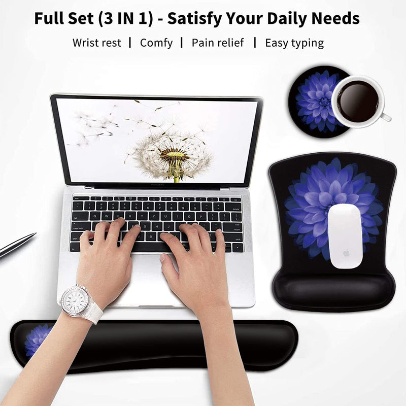 Keyboard Wrist Rest and Mouse Pad Wrist Support Set ,Purple Flowers Ergonomic Gel Mouse Pad ,Easy Typing Pain Relief, Memory Foam Keyboard Mousepad Set with Coasters Bf-mouse Pad-3-21