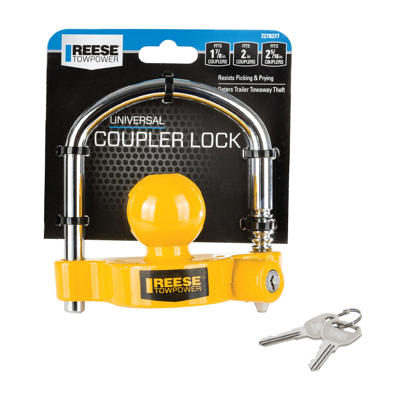 [AUSTRALIA] - REESE Towpower 72783 Coupler Lock, Adjustable Storage Security, Heavy-Duty Steel, Yellow and Chrome ( Universal Fit) 1-7/8" Universal Trailer Coupler Lock 