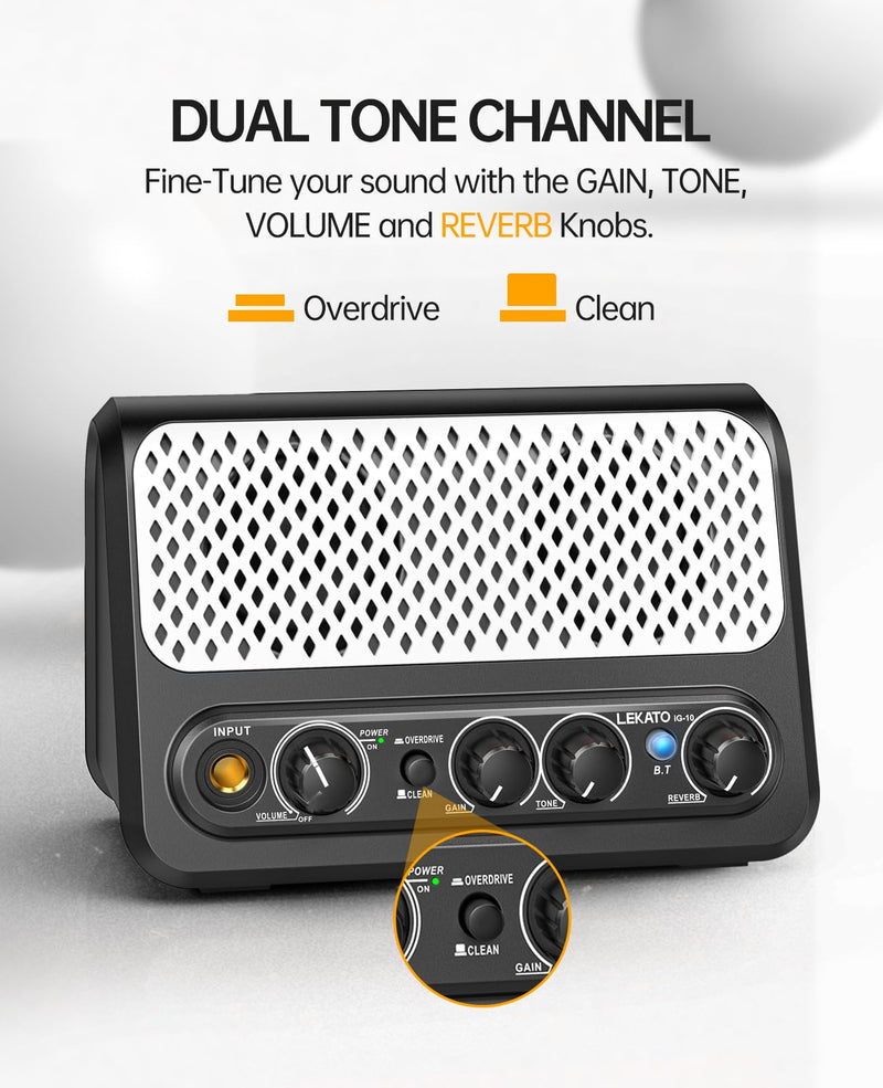 [AUSTRALIA] - Mini Guitar Amp,LEKATO 10W Portable Electric Guitar Amplifier with Clean & Overdrive Channel,Reverb,Bluetooth Small Guitar Amp for Practice (Black-White) Black-White 