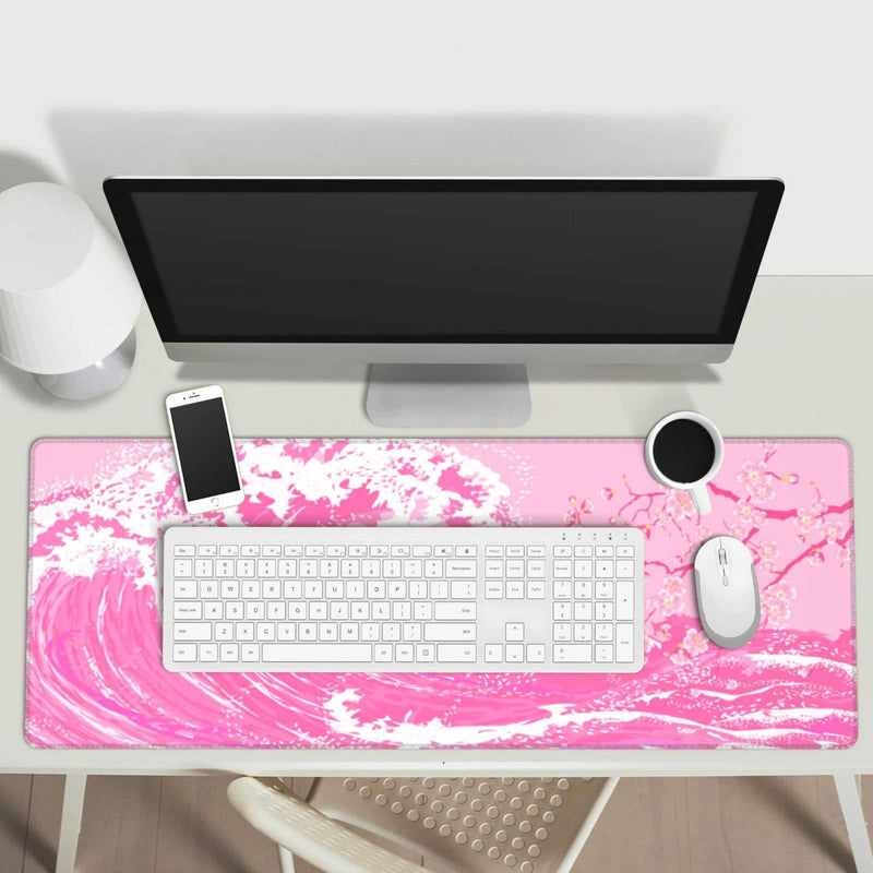 Pink Japanese Wave Cherry Blossom Gaming Mouse Pad XL, Large Non Slip Rubber Mousepad, Stitched Edges Desk Pad, Long Extended Mice Pad,31.5'' X 11.8'' Pink Japanese Wave Cherry Blossom