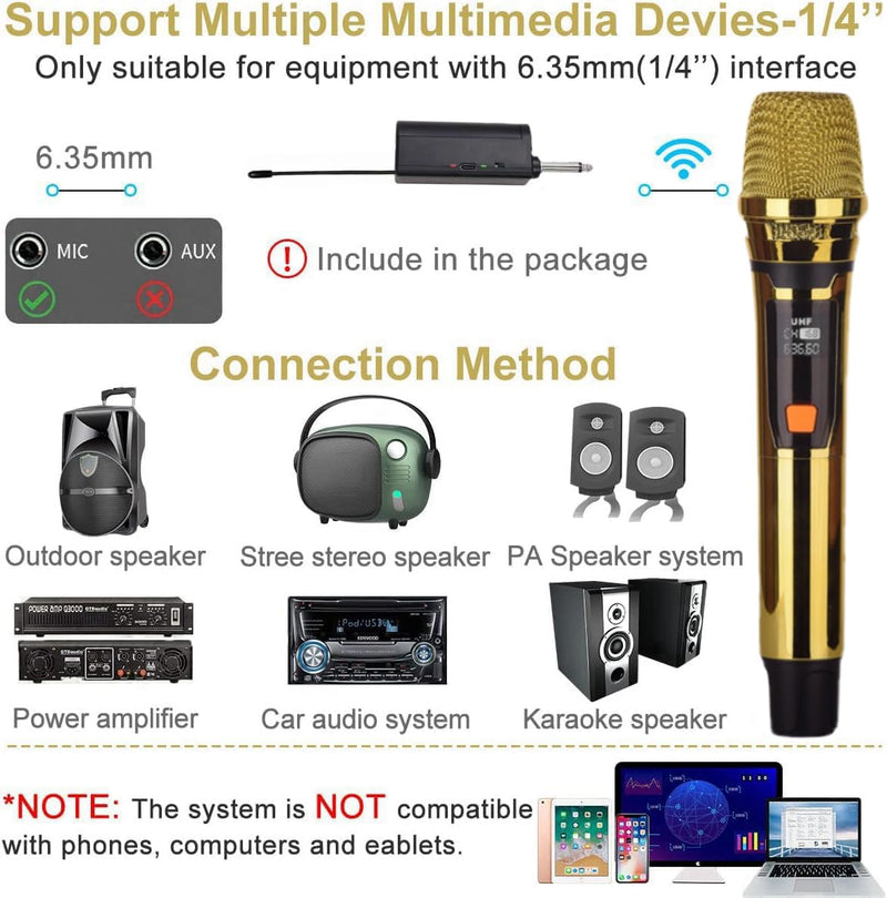 Handheld Wireless Microphone, Rechargeable UHF Microphone, 200Ft, Plating Gold 2 MIC,Handheld Dynamic Wireless Mic for Large Stage Singing Karaoke Wedding DJ Party Speech Church Class Use PA System Golden 2-Mic