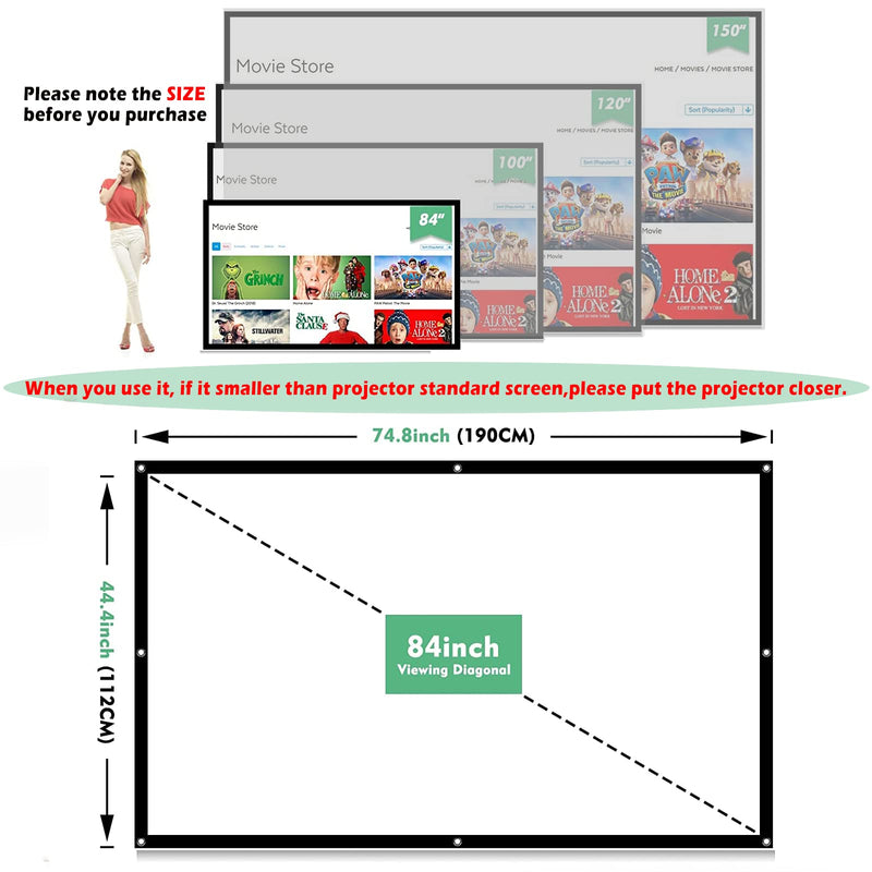 Taotique 4K Movie Projector Screen, 16:9 HD Foldable and Portable Anti-Crease Indoor Outdoor Projection Double Sided 84 inch Video Projector Screen for Home, Party, Office, Classroom