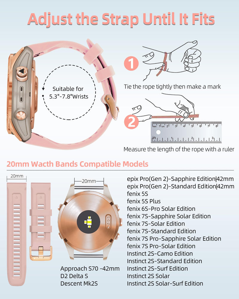 20mm Watch Band Replacement for Garmin fenix 5S/5S Plus/6S/7S/Instinct 2S/D2，Quick Fit silicone with rosegold buckle, BLACK and DUSTROSE Bundle
